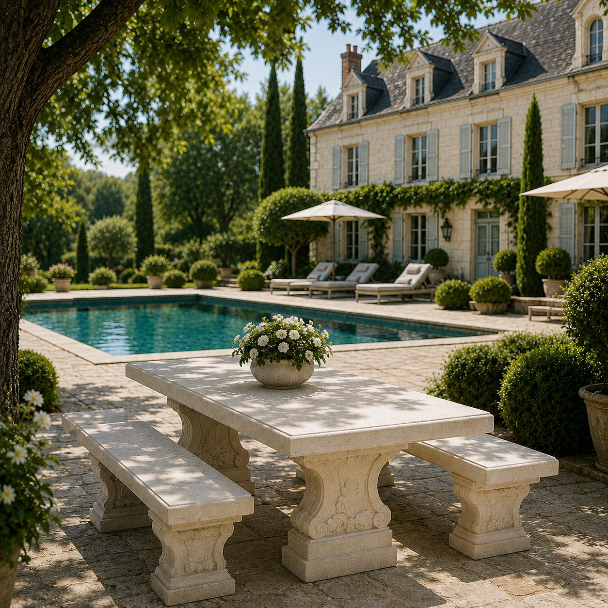 Fontaine murale en pierre sculptée dans un jardin de propriété française