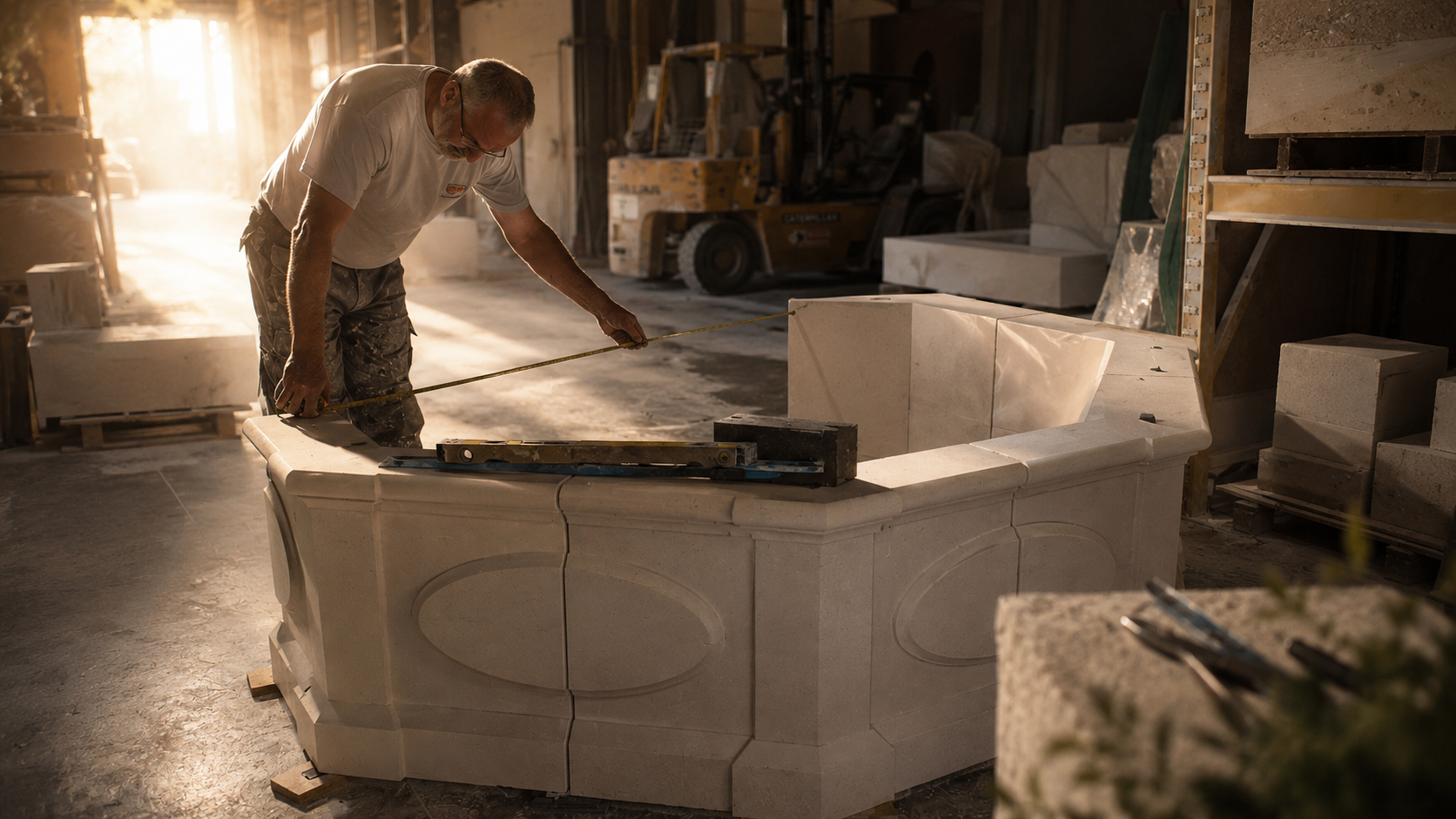 Mains d'artisan taillant un détail en pierre dans l'atelier BV2I