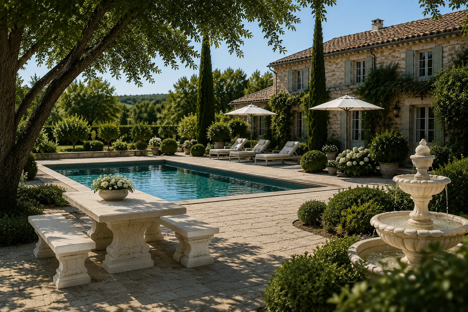 Propriété française avec fontaine, banc et table en pierre naturelle taillée par l'atelier BV2I