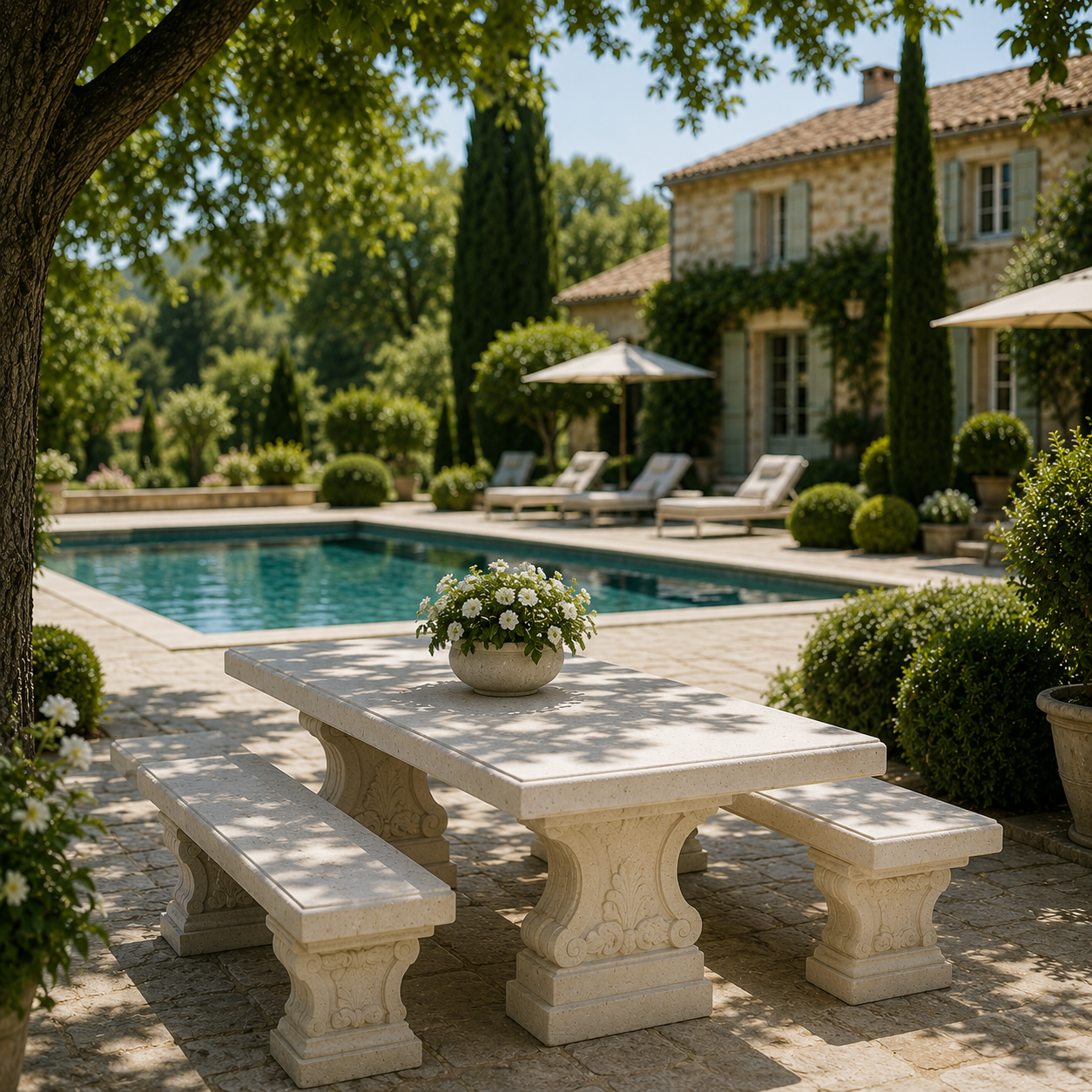 Table et bancs en pierre de taille au bord d'une piscine, propriété en Touraine